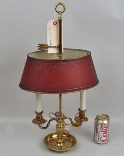 Brass Two Arm Bouillotte Lamp, Red Tole Shade