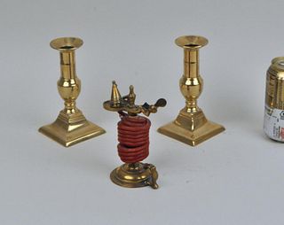 Brass Wax Jack & Pair Brass Candlesticks