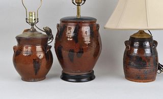 Three French Glazed Country Pottery Jugs/As Lamps