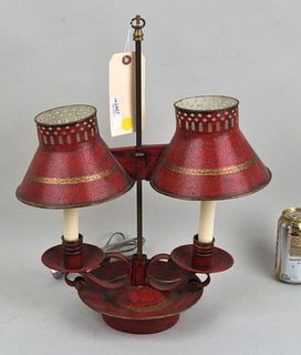 Red Painted/Gilt Tole Two Light Student Lamp