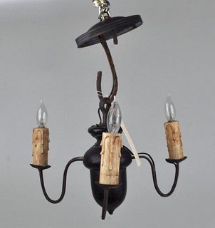 Early Turned Wood & Wrought Iron Chandelier