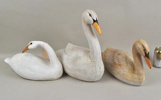 Three Carved & Painted Swan Decoys/Sculptures