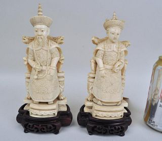 Pair Chinese Carved Seated Emperor & Empress