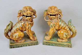 Pair Large Chinese Style Majolica Pottery Foo Dogs