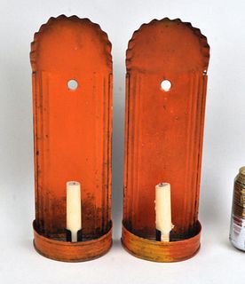Pair Early Orange Painted Tin/Tole Sconces