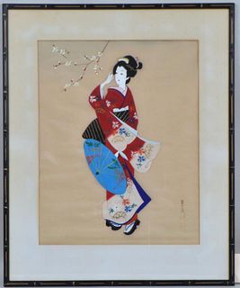 Japanese Gouache Painting/Silk - Geisha