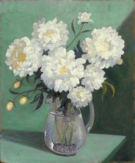 Albert Schmidt, Still Life with White Peonies in Glass Pitcher