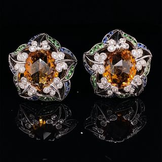 18k Flower Design Citrine Sapphire Diamond Dermantoid Garnet stone EarringsÂ 
