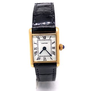 18k Cartier Santos Black Leather Wrist Watch