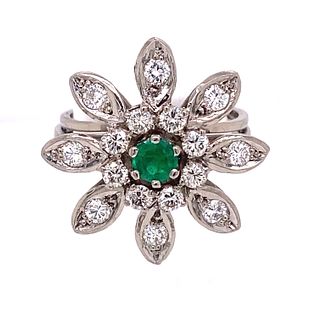 Retro 1950â€™s Platinum Diamond Emerald Flower Ring