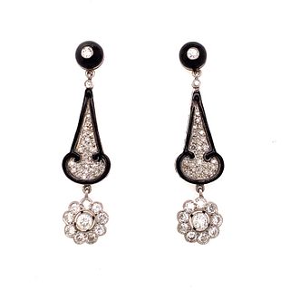 Platinum Diamond Onyx Drop Hanging Earrings
