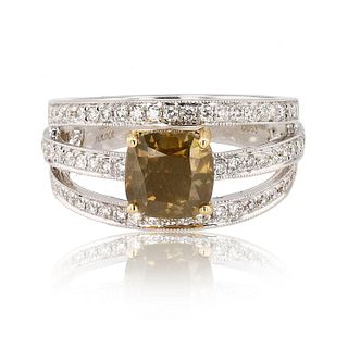 Dark Orangy Yellow CENTER Diamond 18K White Gold Ring