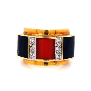 Art Deco 18k Diamond Onyx Carnelia Ring