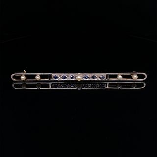 1920â€™s 14k Platinum Pearl Sapphire Bar Brooch