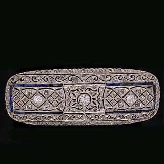 1920â€™s 18k Platinum Diamond Sapphire Bar Brooch