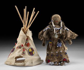 Early 20th C. Native American Hide & Bead Doll & Tipi