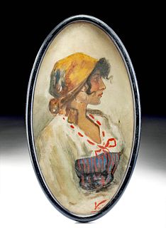 Late 19th C. Mexican Framed Watercolor Peasant Woman