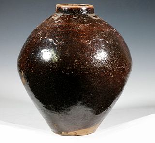 19TH C. LARGE CHINESE BROWN GLAZED POTTERY JAR