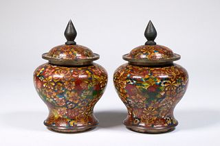 PAIR OF 19TH C. CHINESE CLOISONNE SMALL COVERED URNS