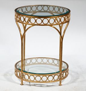 ROUND GILT METAL TABLE WITH BEVELED GLASS TOP AND LOWER SHELF