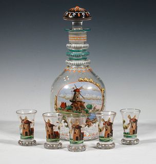 ENAMELED GLASS DECANTER WITH (5) GLASSES