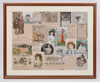 FRAMED COLLAGE OF 19TH C. TRADE CARDS