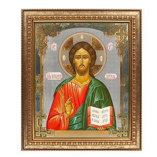 Ícono. Cristo pantócrator. Rusia, Siglo XX. Impresión con detalles dorados. Enmarcado. 39 x 32 cm