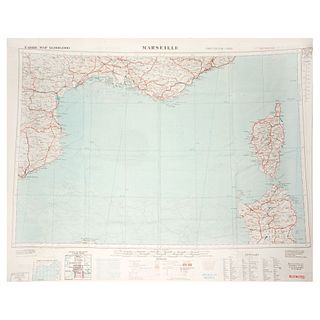 Mapa de escape y evasión.  Inglaterra, 1953.  Impreso en seda.  Con territorios de Marsella y Túnez.   Escala 1:1,00...