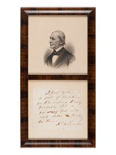 EMERSON, Ralph Waldo (1803-1882). Autograph note signed ("R. W. Emerson") to an unnamed recipient, n.d.