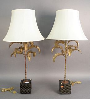 Pair of Palm Tree Lamps having gilt metal tree on painted square base, height 37 inches.