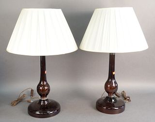 Pair of Colored Glass Table Lamps, height 31 inches.