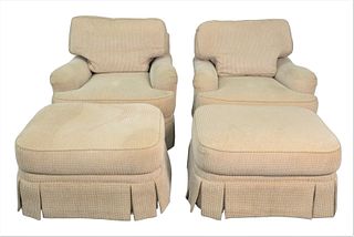 Pair of Hickory White Upholstered Easy Chairs and Ottomans, height 36 inches, width 38 inches, (slight soiling).