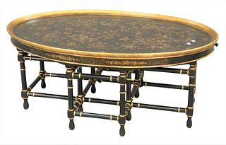 Rinfret Chinoiserie Style Oval Coffee Table with pull out leather top slides on turned legs, height 20 inches, top 30" x 48".