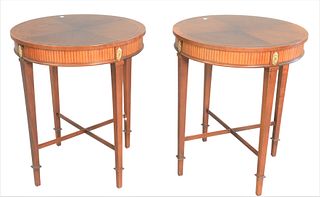 Pair of Baker Round Mahogany Inlaid Tables having X stretcher base, height 27 1/2 inches, diameter 23 1/2 inches.