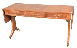 George IV Style Sofa Table having burlwood veneer, three drawers and three false drawers, height 30 inches, top 24" x 6", (veneer chipping to legs).