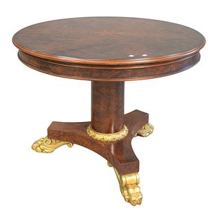 Burlwood Round Pedestal Table having gilt support and feet, height 29 1/2 inches, diameter 40 inches.