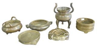 Six Piece Group to include small bronze Chinese censors and stands, tallest height 6 5/8 inches, diameter 4 1/2 inches.