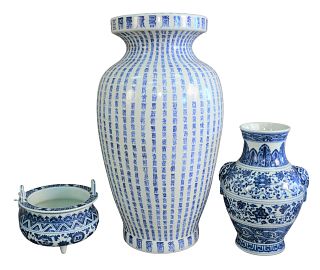 Three Piece Lot to include a Chinese blue and white tripod censer having a six character mark to the underside; a blue and white vase also having a si