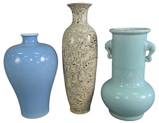 Three Piece Group to include a Chinese celadon vase having elephant form handles, marked to the underside; a Chinese pale blue glazed vase, marked to 