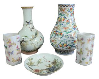 Five Piece Chinese Famille Rose Group to include one globular form vase having flower and bird decorations, marked to the underside; vase with fruit a