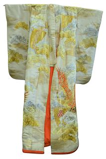 Japanese Kimono having gold and silver colored threading, height 74 inches.