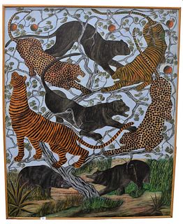 Jasmin Joseph (Haitian,1924-2005), Jungle Cats, oil on board, signed and dated lower left "Jasmin Joseph 1970", framed 61" x 49 1/2", (As is with 6" V