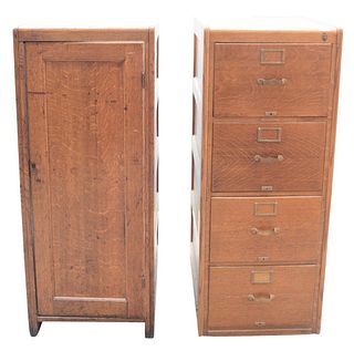 Two Oak Cabinets to include one with four drawer file, along with one with single door, circa 1900, height 51 2/1 inches, width 21 inches, depth 26 in