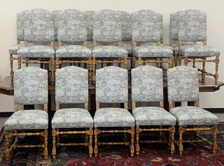 Set of Sixteen Custom Dining Chairs with turned stretchers along with large tressel table (take what you want and leave the rest).