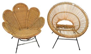 Two Rattan Chairs attributed to Janine Abraham and Dirk Jan Rol, similar to Franco Albini, height 31 inches; along with a lotus flower form chair, pos