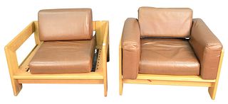 Pair of Tobia Scarpa Lounge Chairs having oak frame with brown vinyl cushions, width 36 inches, depth 31 inches, (one chair missing cushions).