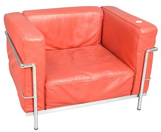 Le Corbusier LC2 Style Chair having red leather with chrome frame, width 39 inches, depth 29 inches.