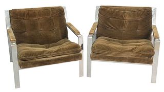 Pair of Milo Baughman Lounge Chairs, chrome with brown upholstery, height 27 inches, width 29 inches.