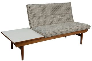 Thayer Coggin Settee, with side table, height 32 inches, width 65 inches.