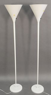 Pair of White Indirect Floor Lamps, having metal shades, height 64 inches.